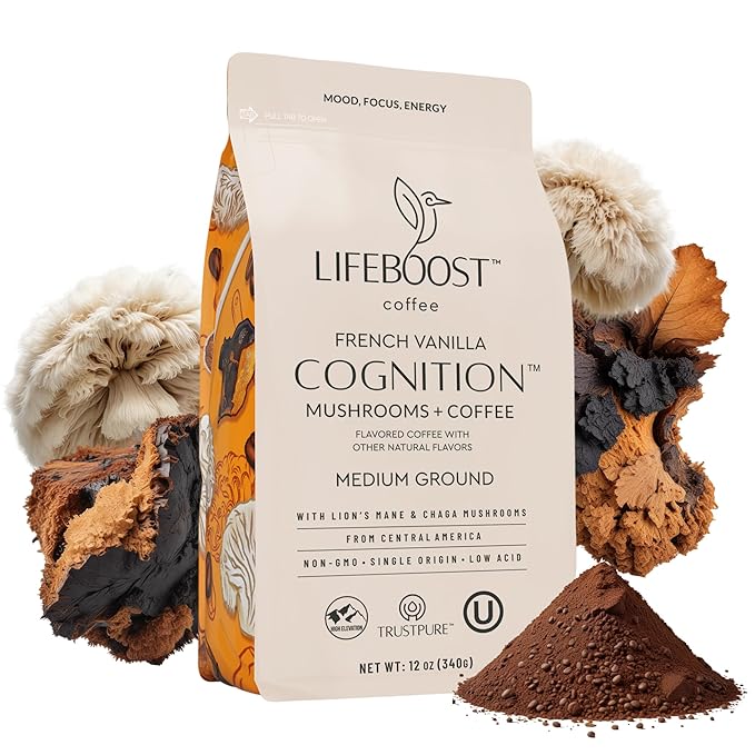 Lifeboost French Vanilla Cognition Mushroom Coffee - Low Acid Medium Organic Coffee with Nootropic Lions Mane & Chaga Mushrooms - Increase Energy, Boost Focus & Immune Support - 12 oz Bag - Ground