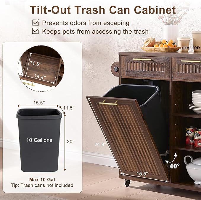 57" Kitchen Island with Storage — Kitchen Rolling Island with Trash Can Storage Cabinet, Power Outlet & Drop Leaf, Large Mobile Island Cart on Wheels with Spice & Towel Rack, Knife Holder (Walnut)