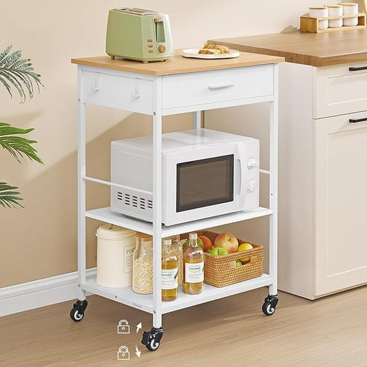 VASAGLE Kitchen Rolling Island, Mobile Kitchen Cart with Storage on Wheels, 17.7 x 23.6 x 35.4 Inches, Drawer, 2 Hooks, for Dining Room, Oak Beige and Matte White UKKI007Y01