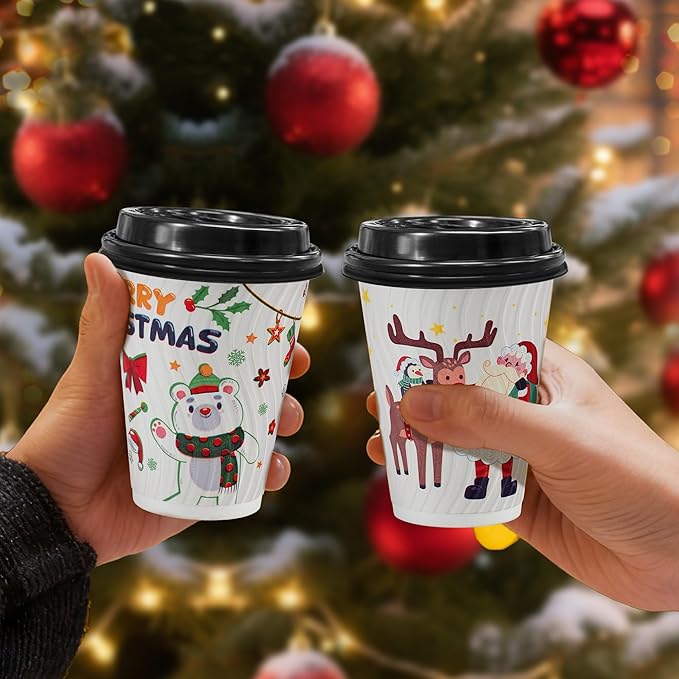 Clawsoff Christmas 100 Pack Coffee Cups with Lids 12oz, Disposable Insulated Ripple Wall To Go Paper Coffee Cups for Hot/Cold Drinks Office Home Shop Event
