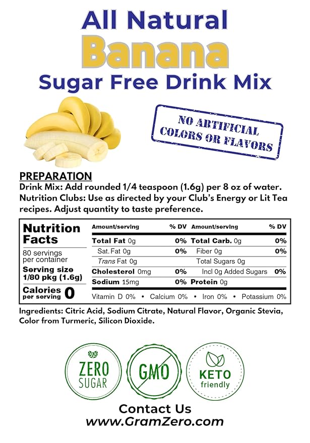 GramZero All Natural Banana Zero Calorie Sugar Free Drink Mix, Great For Nutrition Club Loaded Tea, Stevia Sweetened
