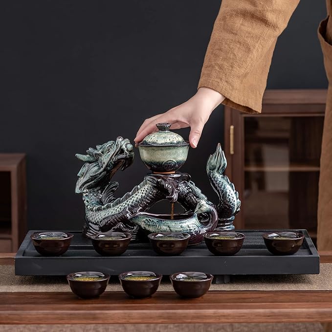 Ceramic Teapot with Infuser Semi Automatic Tea Set Magic Teapot with 8 cups Gradient Color (Gradient Dragon- A)