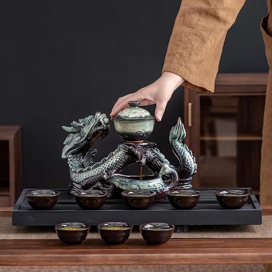 Ceramic Teapot with Infuser Semi Automatic Tea Set Magic Teapot with 8 cups Gradient Color (Gradient Dragon- A)