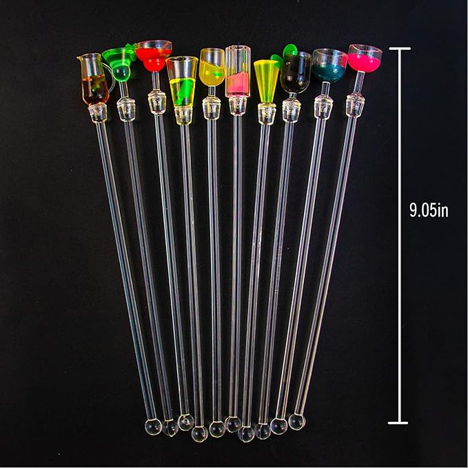 Swizzle Sticks Colorful Clear Beverage Stirrers 9.05" Drink Stirrer Cocktail Stirrer Clear Shafts Cocktail Drink Stirrers for Bars Cafes Restaurants Home Use 10 Pieces