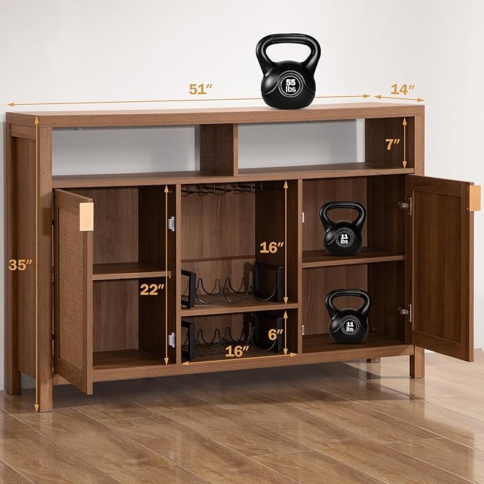 SICOTAS 51" Coffee Bar Cabinet Bar Cart with Storage, Wine Bar Cabinets Boho Home Bar Table, Rattan Sideboard Buffet with 2 Doors, Coffee Station with Wine Racks for Living Dining Room Entryway