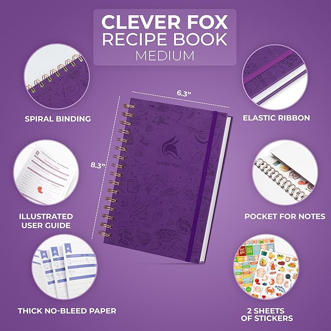 Clever Fox Recipe Book Spiral – Make Your Own Family Cookbook – Blank Recipe Notebook Organizer – Empty Cooking Journal to Write In Recipes – Medium Size, 6.3”x8.3”, Hardcover (Purple)