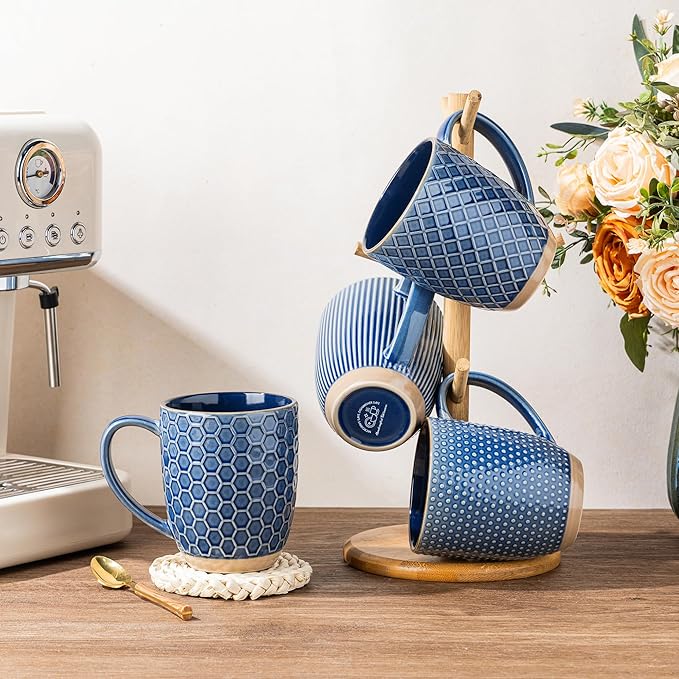 GBhome Large Coffee Mugs Set of 4, 16oz Handmade Embossed Coffee Mugs Set with Large Handle for Cappuccino/Latte/Tea/Hot Cocoa, Dishwasher & Microwave Safe, Blue