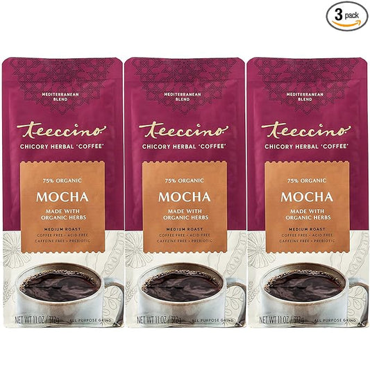 Teeccino Mocha Chicory Coffee Alternative - 11 Ounce - Ground Herbal Coffee That’s Prebiotic, Caffeine-Free & Acid Free, Medium Roast, (Pack of 3)