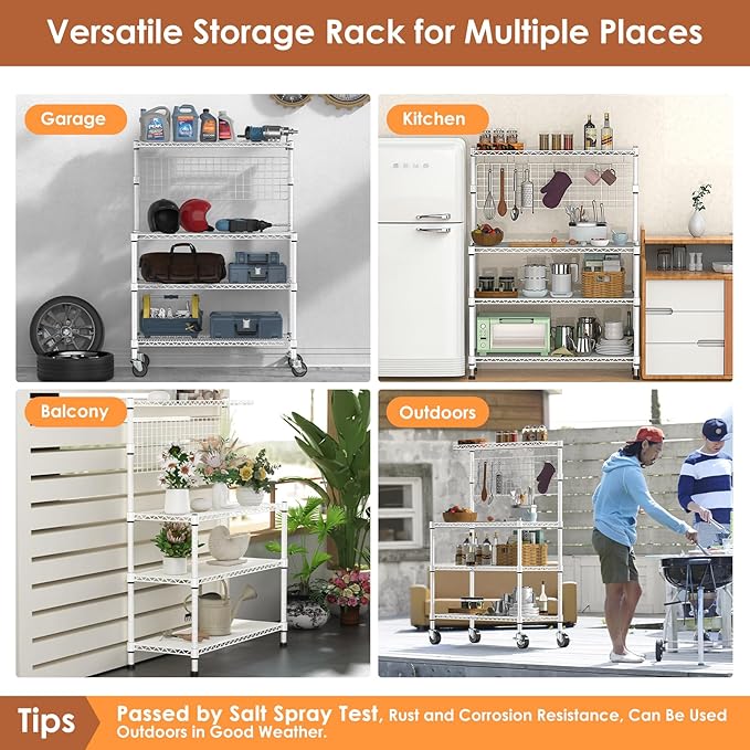 Leteuke 42 Inch Bakers Rack with Wheels, 4-Tier Microwave Stand Kitchen Cart, Heavy Duty Utility Kitchen Cart, Microwave Cart Storage Rack with 20 S-Hooks & Shelf Liners, 42× 18× 63 Inch, White
