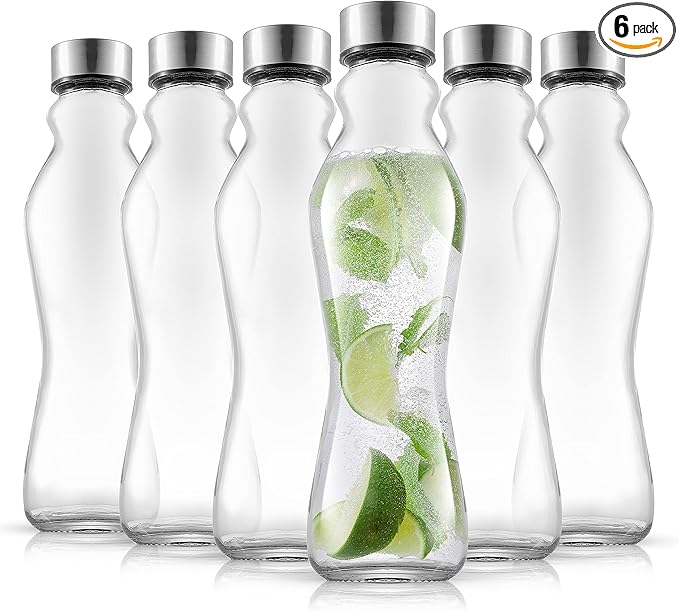 JoyJolt Spring Glass Water Bottles Set of 6-18 oz Glass Bottles with Stainless Steel Caps - Glass Drinking Bottles with Leakproof Lids - Reusable Glass Juice Bottle - Container Bottle Set