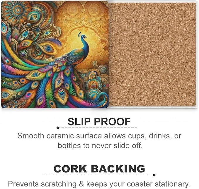 Square-6PCS Peacock Drink Coasters, Square Modern Ceramic Absorbent Coasters, Beautiful Colorful Floral Peacock Boho Art Pattren Decor Desk Coffee Table Coaster for Beverage Cup Tea Coasters