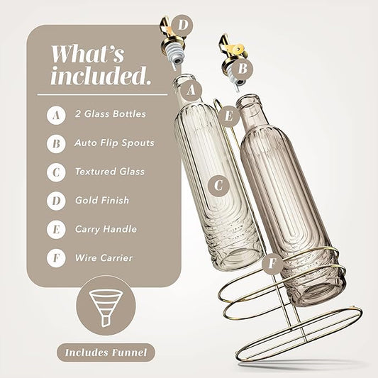 COOK WITH COLOR Glass Olive Oil Bottle Dispenser - 2 Pack- 17oz Oil and Vinegar Cruet - Olive Oil Carafe Decanter for Kitchen, Elegant Fluted, Brown