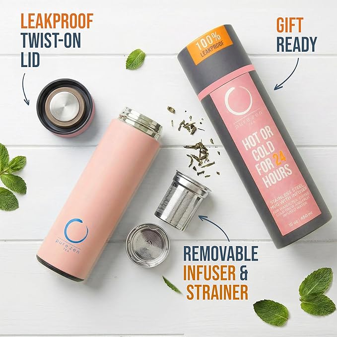 Pure Zen Tea Thermos with Infuser for Hot and Cold Infusions - Stainless Steel - Tea Infuser Bottle - Leakproof Travel Mug with Filter - 15oz - Pink