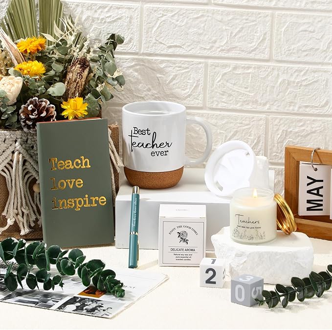 4 Pcs Best Teacher Ever Gifts Set Teacher Week Appreciation Gifts for Valentines Day Thank You Coffee Mug Cup Notebook Scented Candle Ballpoint Pen for Birthday Retirement Holiday