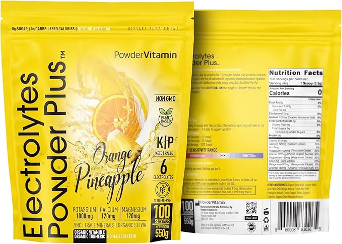 PowderVitamin Electrolytes Powder Plus (100 Servings) Orange Pineapple Electrolyte Powder Zero Calorie, Keto, 0 Sugar, No Maltodextrin,1000mg Potassium,120mg Calcium,120mg Magnesium, Hydration Powder