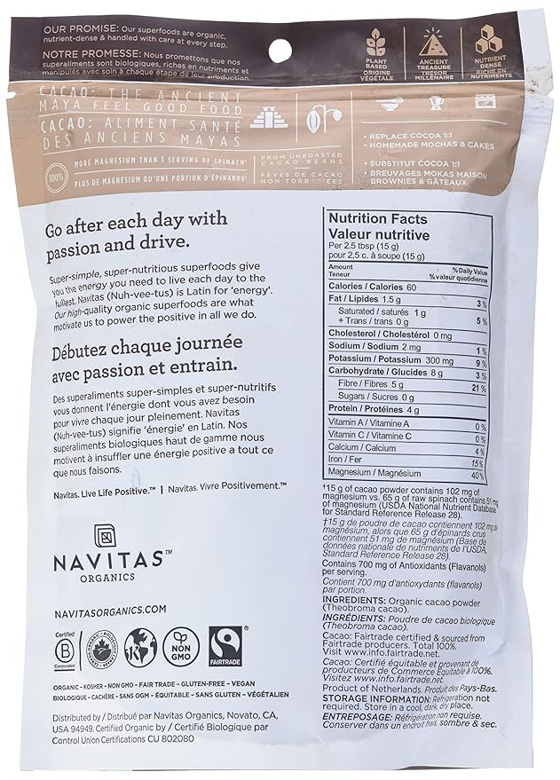 Navitas Organics Cacao Powder, Bags, 30 Servings, 1 Pound (Pack of 1), 16 Ounce