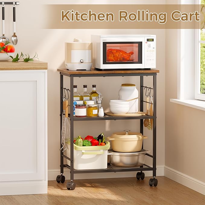 BEWISHOME Rolling Kitchen Cart 3 Tier, Microwave Kitchen Cart with Storage Function, Practical Roller Cart with 4 Locking Wheels for Kitchen, Living Room, Bathroom, Office, Bar (Brown)