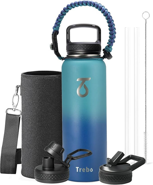 Trebo 40oz Water Bottle Insulated with Lid and Straw,Double Wall Vacuum Stainless Steel Tumbler Sports Flask with Paracord Handle, Keep Hot 24 Hours & Cold 48 Hours Water Jug with 3 Lids, Cyan Blue