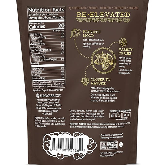 Pure Cacao Powder Organic Unsweetened & Raw | Premium USDA Organic Cacao Powder for Baking Smoothies and Hot Chocolate | Non-Alkalized No Added Sugar Non-GMO Gluten Free Vegan & Kosher (225g)