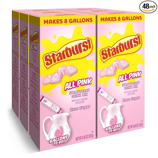 Starburst Gallons To Go Powdered Drink Mix, 8-Count Box (6 Pack), All Pink Strawberry - Low Calorie and Zero Sugar Drink Mix, Each Stick Makes 1 Gallon-Sized Pitcher