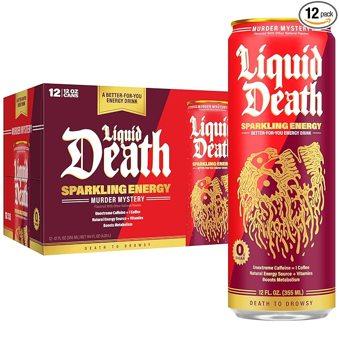 Liquid Death Sparkling Energy - Murder Mystery (Cherry, Cream, Spice), Sugar-Free Energy Drink, Unextreme Caffeine 100mg, Essential Vitamins, 12 Fl Oz (Pack of 12)