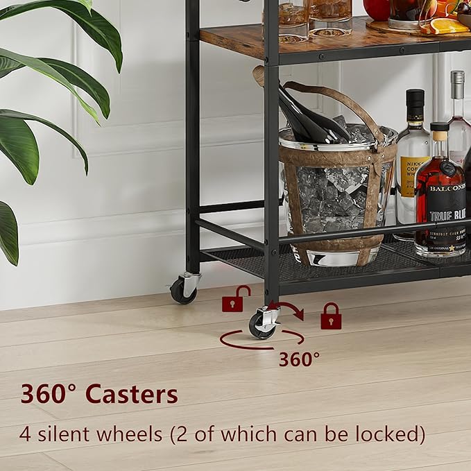 Black Bar Cart Home, Rolling Small Bar Cart, 3 Tier Liquor Cart, Wine Cart with Wine Rack, Drink Cart with Wheels, Metal Beverage Cart for Kitchen Dining Living Room Black GBC507B