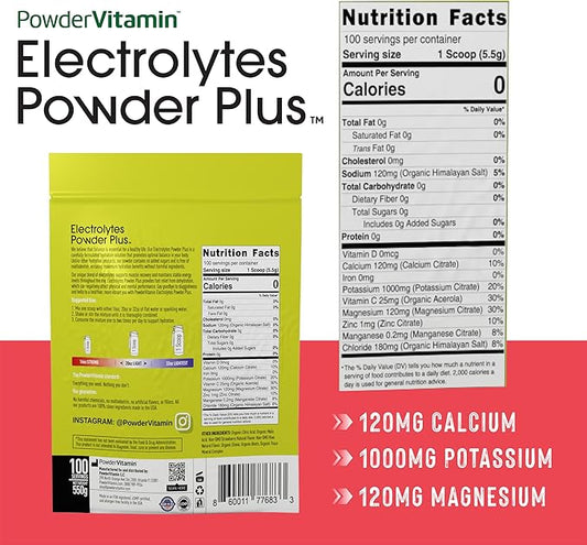 PowderVitamin Electrolytes Powder Plus (100 Servings) Strawberry Kiwi Electrolyte Powder Zero Calorie Keto,0 Sugar, No Maltodextrin,1000mg Potassium,120mg Calcium,120mg Magnesium, Hydration Powder