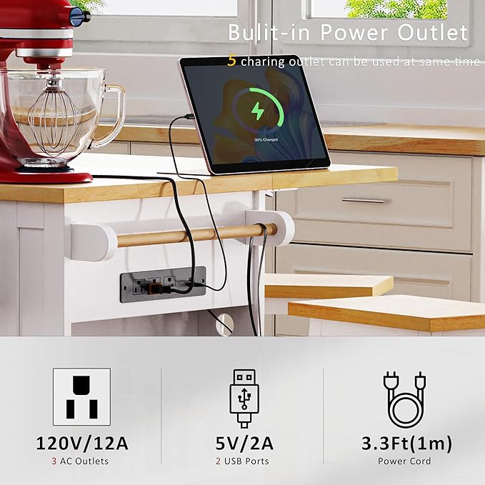 Rolling Kitchen Island with 2 Bar Stools, Drop Leaf & Power Outlet, Large Kitchen Islands Cart on Wheels, Movable Kitchen Island with 5 Open Shelves & Towel Rack for Kitchen, Dining Room, 53″, White