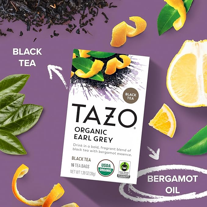 TAZO Organic Earl Grey for Health and Wellness, High Caffeine and Bold Flavor, 16 Count (Pack of 6) | High Caffeine, Bold Flavor