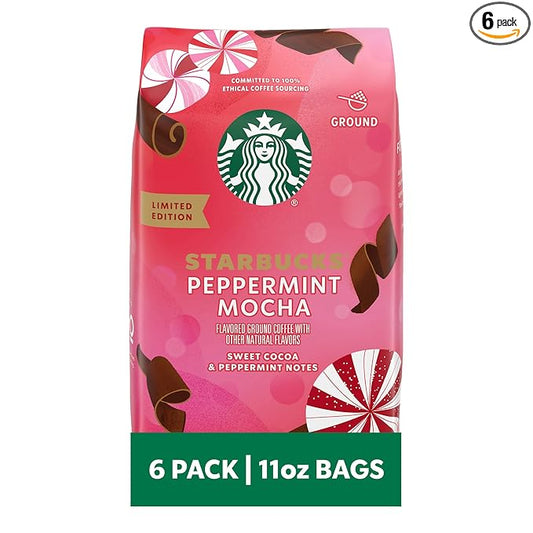 Starbucks Ground Coffee, Peppermint Mocha Naturally Flavored Coffee, 100% Arabica, Limited Holiday Edition, 6 Bags (11 Oz Each)