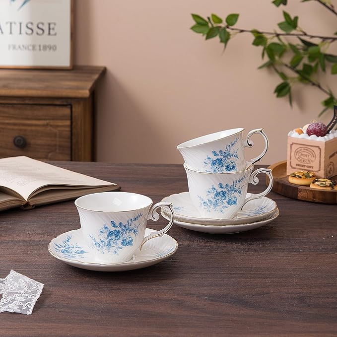 tea cups and saucers ceramic coffee mug 6oz for Coffee, Latte, Cafe Mocha and Tea-Set of 4,Blue