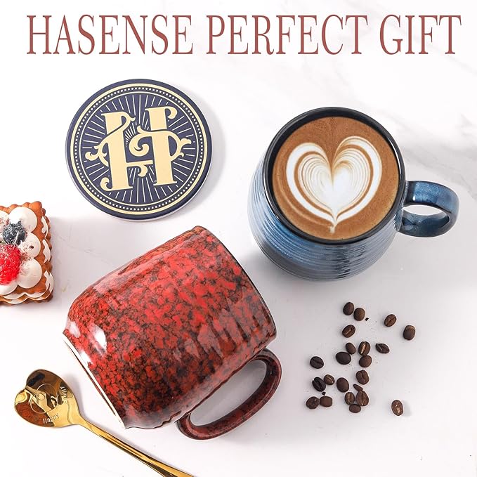 HASENSE Ceramic Coffee Mug Set of 2, 20 Oz Tea Cups for Women and Men, Handmade Large Latte Mugs with Handle, Gift Box with Coaster & Gold Spoon, Perfect for Christmas Thanksgiving, Blue & Red