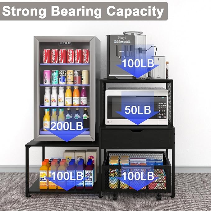 PUNCIA Mini Fridge Stand with Storage, Coffee Bar Cabinet with Power Outlet and Drawer — Beverage Refrigerator Table, Microwave Oven Stand with Rolling Basket for Home, Dorm, Apartment, Pantry