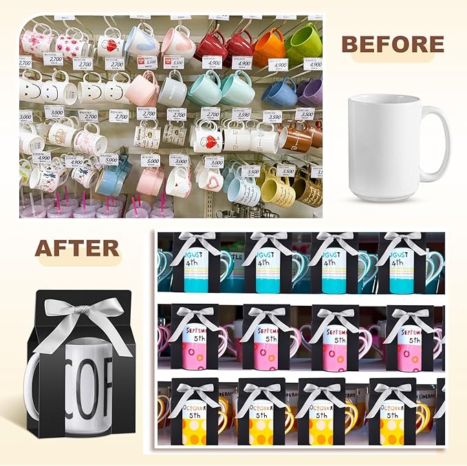 Kosiz 36 Pcs Mug Boxes Sublimation Coffee Mugs Gift Bags with Window Packaging Storage Box for Shipping Selling Wedding Valentines Gift Packaging Wrapping (for 15oz Mug,Black,Silver)