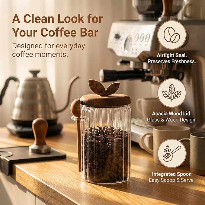 Glass Coffee Canister with Wooden Lid & Spoon, Airtight Food Storage Jar for Coffee, Sugar, Salt, Tea & Snacks (17floz x 2)