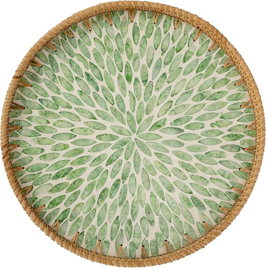 StorageWorks Decorative Coffee Table Trays for Home Decor, Round Rattan Tray with Mother of Pearl Inlay, Large Wicker Woven Serving Tray Decor for Kitchen Counter,Living Room and Ottoman, Green