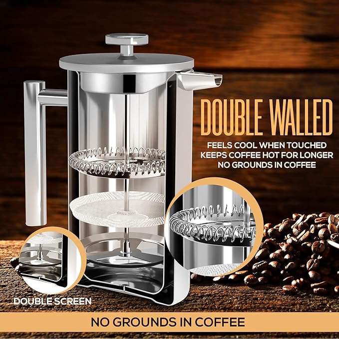 Utopia Kitchen 304 Grade Stainless Steel French Press Coffee Maker 12 Oz, Double Wall Insulated Coffee Press with 4-Level Filtration system, Include 2 Extra Filters, Rust-Free, Dishwasher Safe, Silver