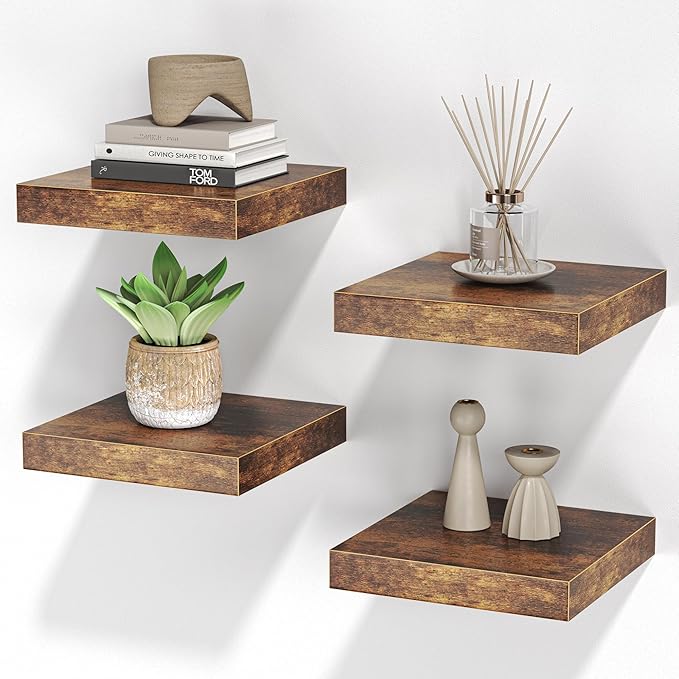 Square Floating Shelves for Wall, 7.5" W x 7.5" D x 1.4" H, Small Wooden Wall Mounted Display Shelf with Invisible Brackets for Living Room, Bathroom, Kitchen Decor, Set of 4, Rustic Brown