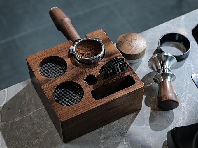 Espresso Knock Box and Tamping Station Kit 54mm for Breville Machines Walnut Compact Espresso Setup with Shock-Absorbent Coffee Grounds Dump Bin and Espresso Accessories Organizer