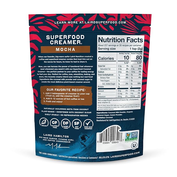 Laird Superfood Non-Dairy Coffee Creamer Mocha, Shelf-Stable Superfood Non-Dairy Powder Creamer, Gluten Free, Non-GMO, Vegan, 16 oz. Bag, Pack of 2