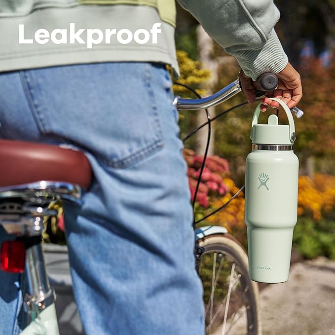 Hydro Flask Travel Water Bottle - Insulated Stainless Steel - Wide Straw Lid, Non Spill, Leakproof in 32 Oz Botanical Bliss Green