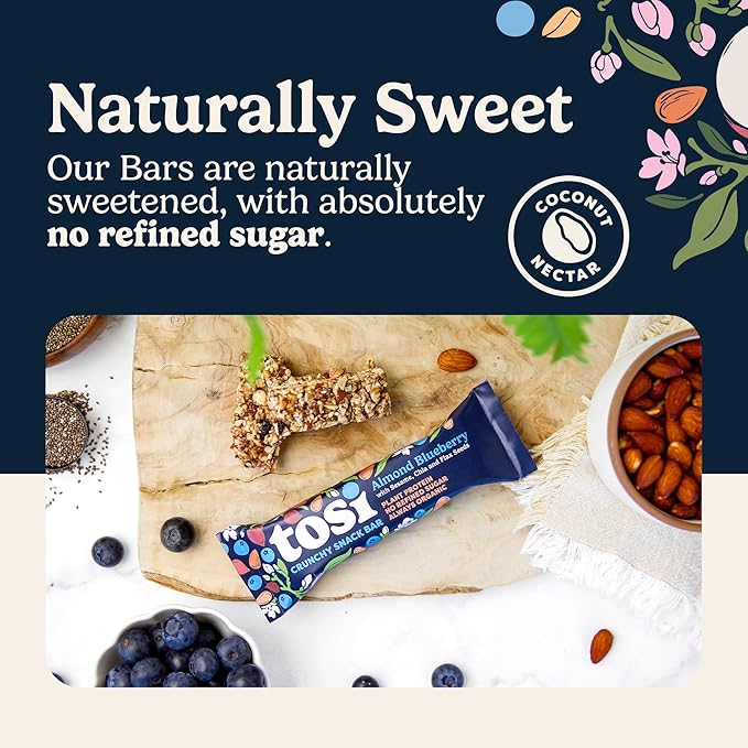 Tosi Nut Bars, Almond Blueberry, Healthy Snacks for Adults & Kids, Plant Based Crunchy Bars (6G Protein), Organic Keto Snacks, Vegan, Gluten & Soy Free, Low Sugar, Omega 3s, 1oz, 12-Pack