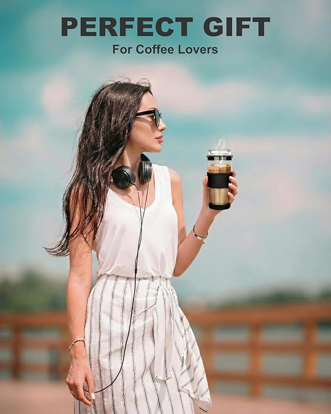 14oz Double Walled Glass Coffee Tumbler with Full Glass Lid & Silicone Sleeve - Non-Slip Insulated Travel Mug with Protective Bottom Bumper - 100% Plastic-Free