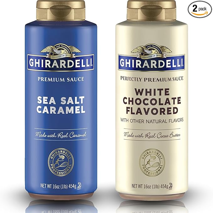 Ghirardelli Flavored Sauce Variety Pack | 16 oz Bottles (Pack of 2) | White Chocolate and Sea Salt Caramel Dessert Toppings for Coffee Drinks, Ice Cream, and Baking Recipes
