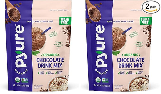 Pyure Organic Sugar Free Chocolate Drink Mix | Low Carb Chocolate Milk Powder with Cocoa | Keto, Vegan, Gluten-Free, Plant-Based | 1 Net Carb, Zero Sugar, Non-GMO, USDA Organic | 7.23 oz (Pack of 2)