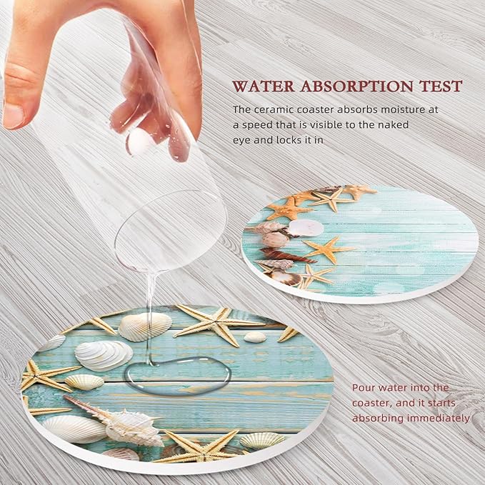 Britimes Coaster for Drinks Set of 6, Beach Seashells Wooden Nautical Wood Sand Table Coastal Absorbent Round Ceramic Stone Mat, with Cork Base and Metal Holder, Gift for Housewarming Room Bar Decor
