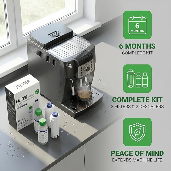 Ouxunus Descaling Kit Compatible with Delonghi Coffee Machines: 2 Full Maintenance Cycles | 2 Compatible with De'Longhi water Filters + 2x100ml Descaling Solution Replace Every 3 Months （6-Month）