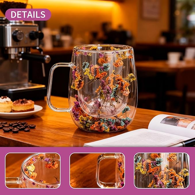 Double Wall Glass Coffee Mug, Clear Flower Tea Cup with Handle, Insulated Glass for Hot and Cold Drinks, Heat Resistant Glass Cup for Latte Cappuccino Espresso 350ml