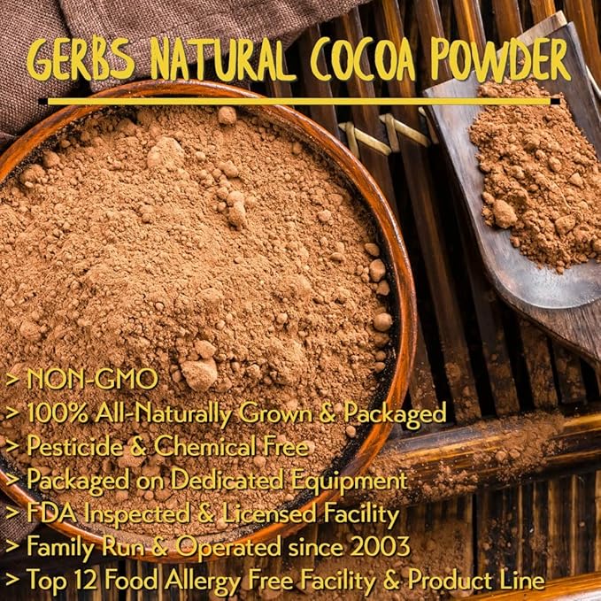 Gerbs Natural Cocoa Powder 2 lbs. | 10-12% Cocoa Butter Fat, Resealable Bag | Classic Unsweetened Cocoa | Top 14 Allergen-Free