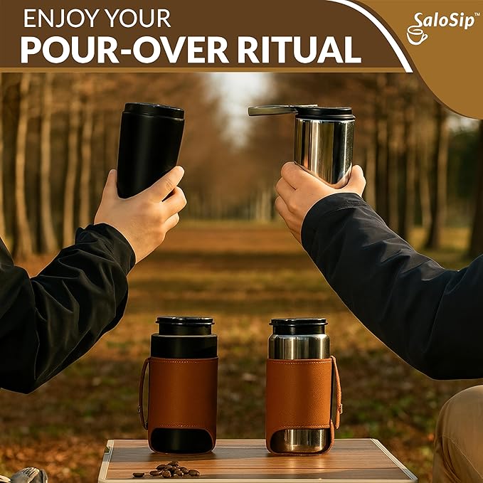 4‑in‑1 Portable 100% Manual Pour Over Coffee Maker Kit with Built‑In Grinder for Travel & Camping, No Batteries, No Cables, No Pods, Stainless Steel Components